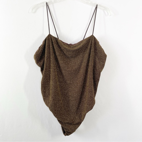 Good American Bodysuit Brown Gold Metallic Sleeveless Spaghetti Straps Size 8 - Picture 1 of 7